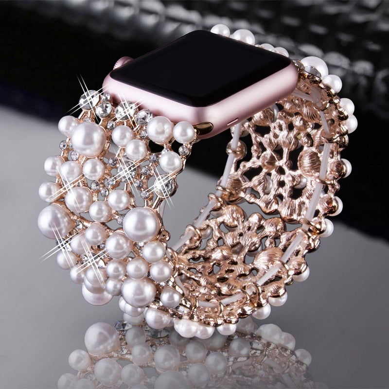 VIQIV Bling Bands Compatible with Apple Watch Band 38mm 40mm 41mm 42mm 44mm 45mm 49mm Iwatch Series SE 9 8 7 6 5 4 3 2 Ultra, Diamond Rhinestone Metal Pearl Dressy Bracelet Wristband Strap for Women - Image 2